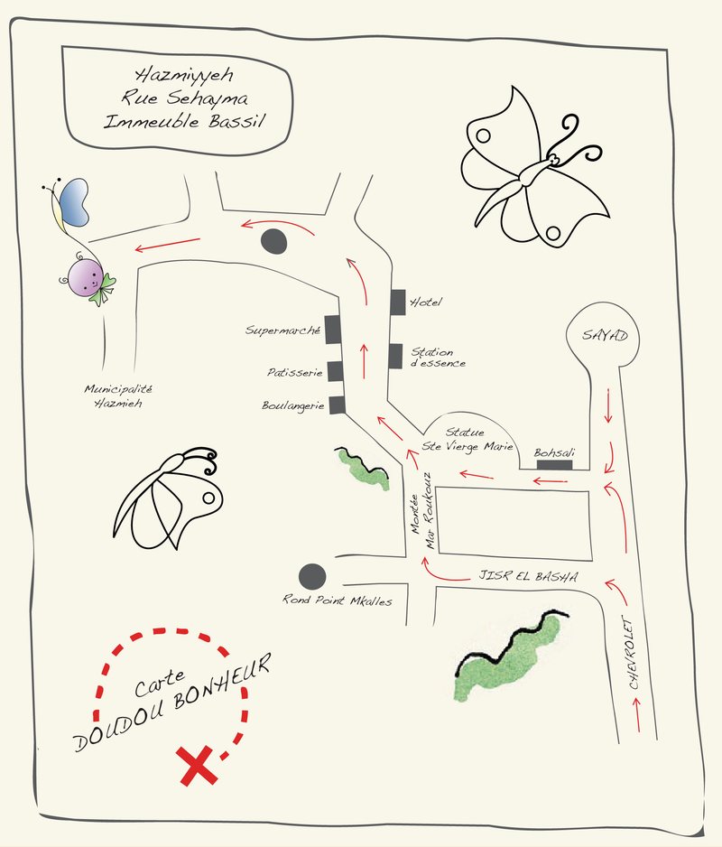 Plan d’accès dessiné à la main jusqu’à l’école : Hazmieh, rue Sehayma, immeuble Bassil